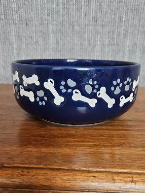 Ceramic Dog Bowl with White Paw & Bone Design - Dark Blue